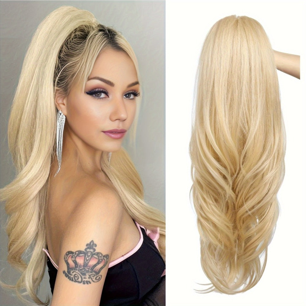 Drawstring Ponytail Extension for Women Long Wavy Layered Wrap Around Clip In Synthetic Pony Tail 26 Inch No Glue No Heat Blonde Brown Ash