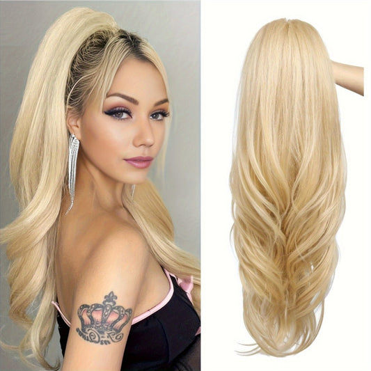 Drawstring Ponytail Extension for Women Long Wavy Layered Wrap Around Clip In Synthetic Pony Tail 26 Inch No Glue No Heat Blonde Brown Ash