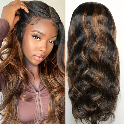 200% Density Lace Front Wig Human Hair Brown Highlights Long Wavy Pre-Plucked Glueless Heat, for Home, Travel and Salon Hair Styling
