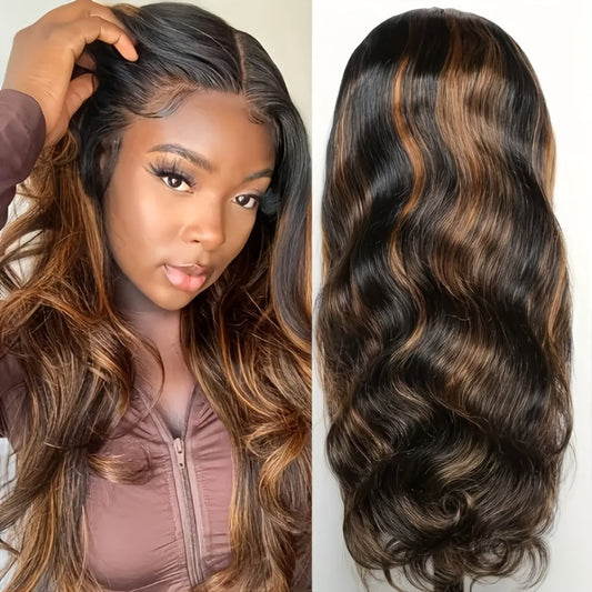 200% Density Lace Front Wig Human Hair Brown Highlights Long Wavy Pre-Plucked Glueless Heat, for Home, Travel and Salon Hair Styling