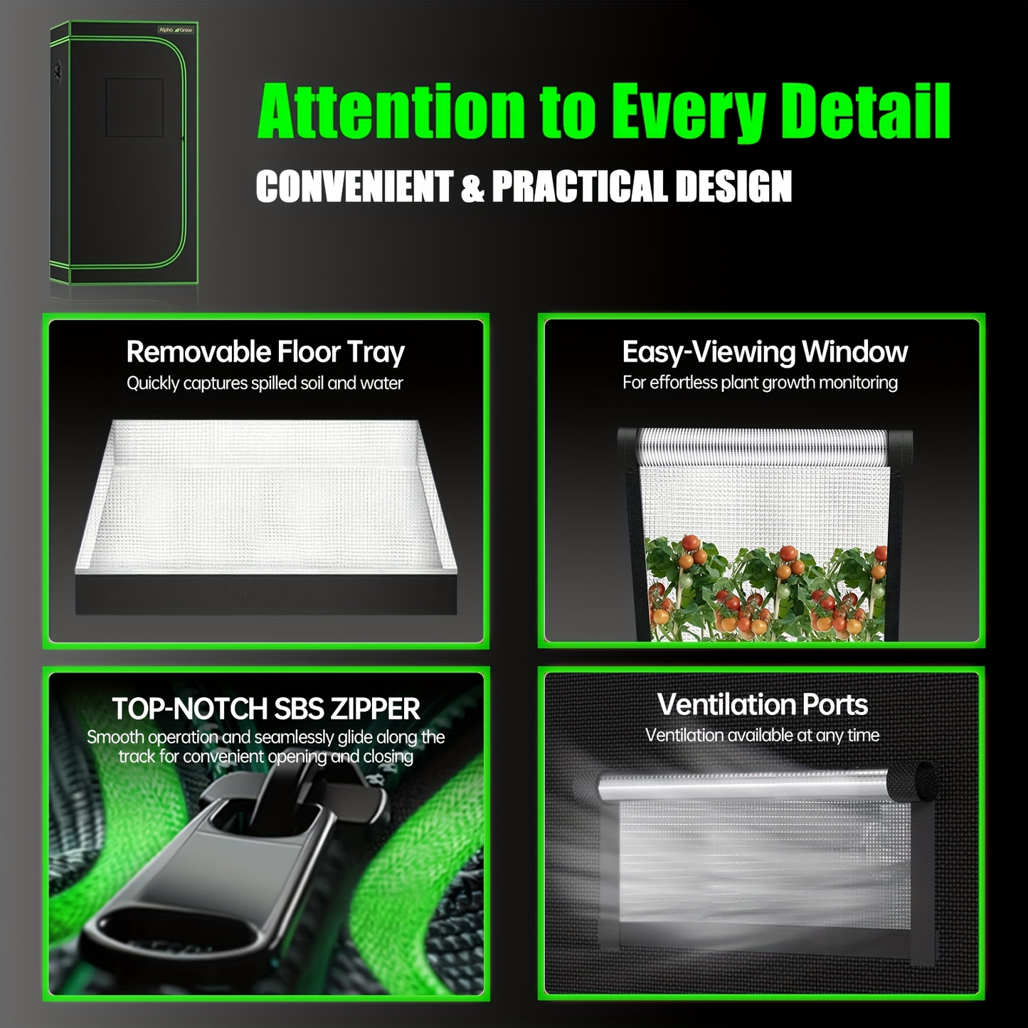 Hydroponic Grow Tent 1680D Mylar 100% Reflective with Tray & Observation Window, Indoor Plant Tent for Seedling to Flowering