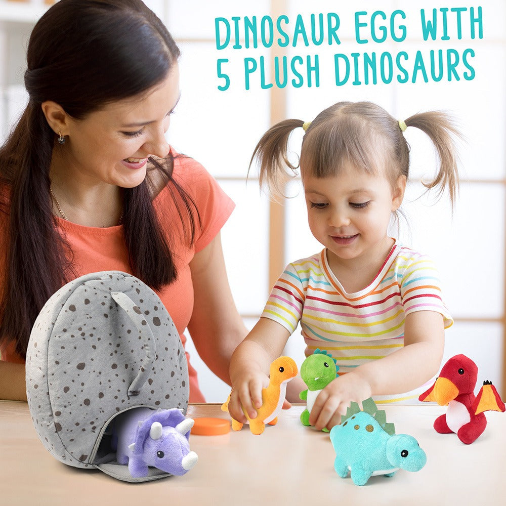 Plush Toy Five-Pack Mini Dinosaur Set with 5 6-Inch Dinos and Green Egg Carrying Case for Display