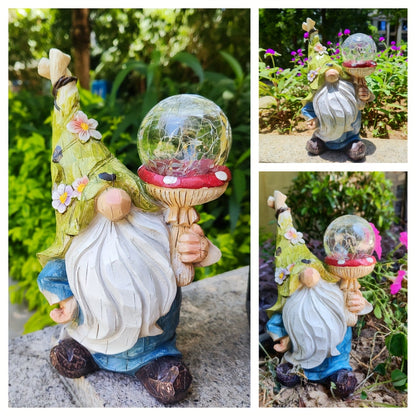 Solar Garden Gnome Statue with LED Magical Ball Light Outdoor Resin Dwarf Sculpture IP44 Waterproof Spring Yard Patio Decor Housewarming