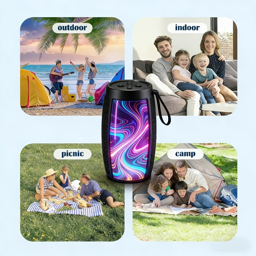 Portable Bluetooth Speaker with Bluetooth 5.3, wraparound audio layout, TWS, RGB Light Show and Carry Strap