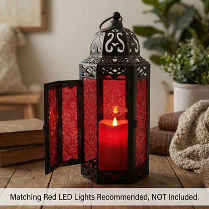 Moroccan Candle Lantern Holder - Decorative Metal & Glass Lantern with Embossed Floral Design for Indoor Home Decor