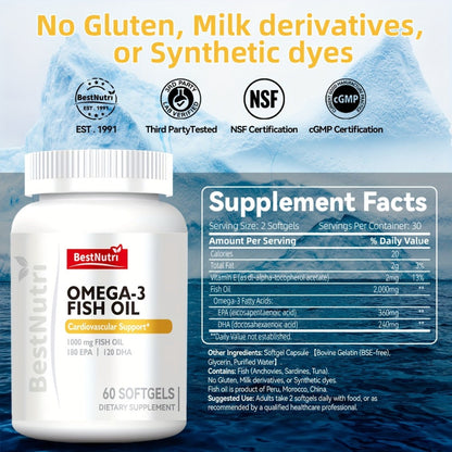Omega-3 Fish Oil 2000mg Softgels with EPA & DHA, Cold-Extracted CGMP, Brain Vitality Heart Health Anti-Inflammatory Support