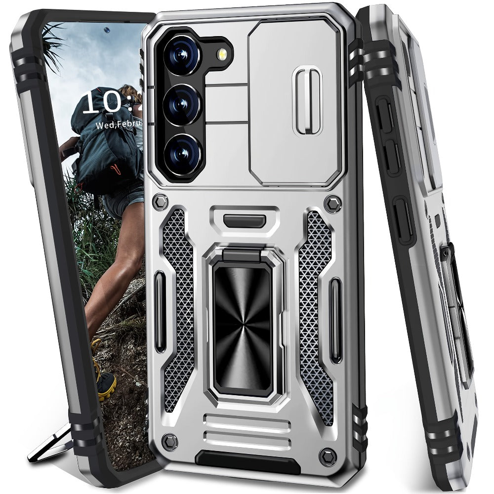Samsung Galaxy Shockproof Magnetic Phone Case with 360° Rotating Ring Bracket & Sliding Lens Protector – Heavy Duty Cover for S24FE S23FE