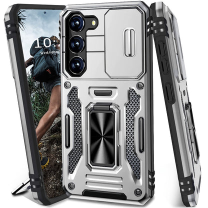 Samsung Galaxy Shockproof Magnetic Phone Case with 360° Rotating Ring Bracket & Sliding Lens Protector – Heavy Duty Cover for S24FE S23FE