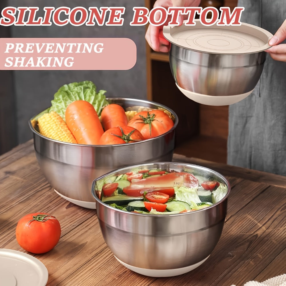Nested Mixing Bowl Set with Khaki, Black or Mixed-Color Lids, Grater Inserts and Prep Tools