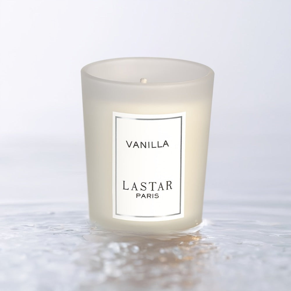 LASTAR Vanilla Scented Candle, 70g Frosted Round Glass Jar with 2.4 oz Marking and Pictured Carton
