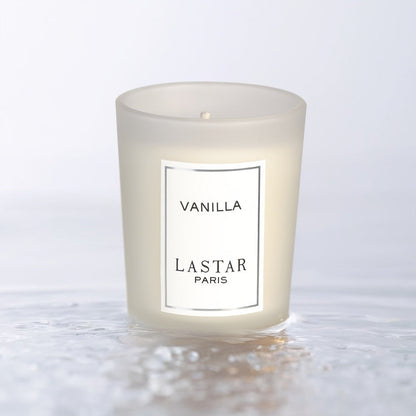 LASTAR Vanilla Scented Candle, 70g Frosted Round Glass Jar with 2.4 oz Marking and Pictured Carton