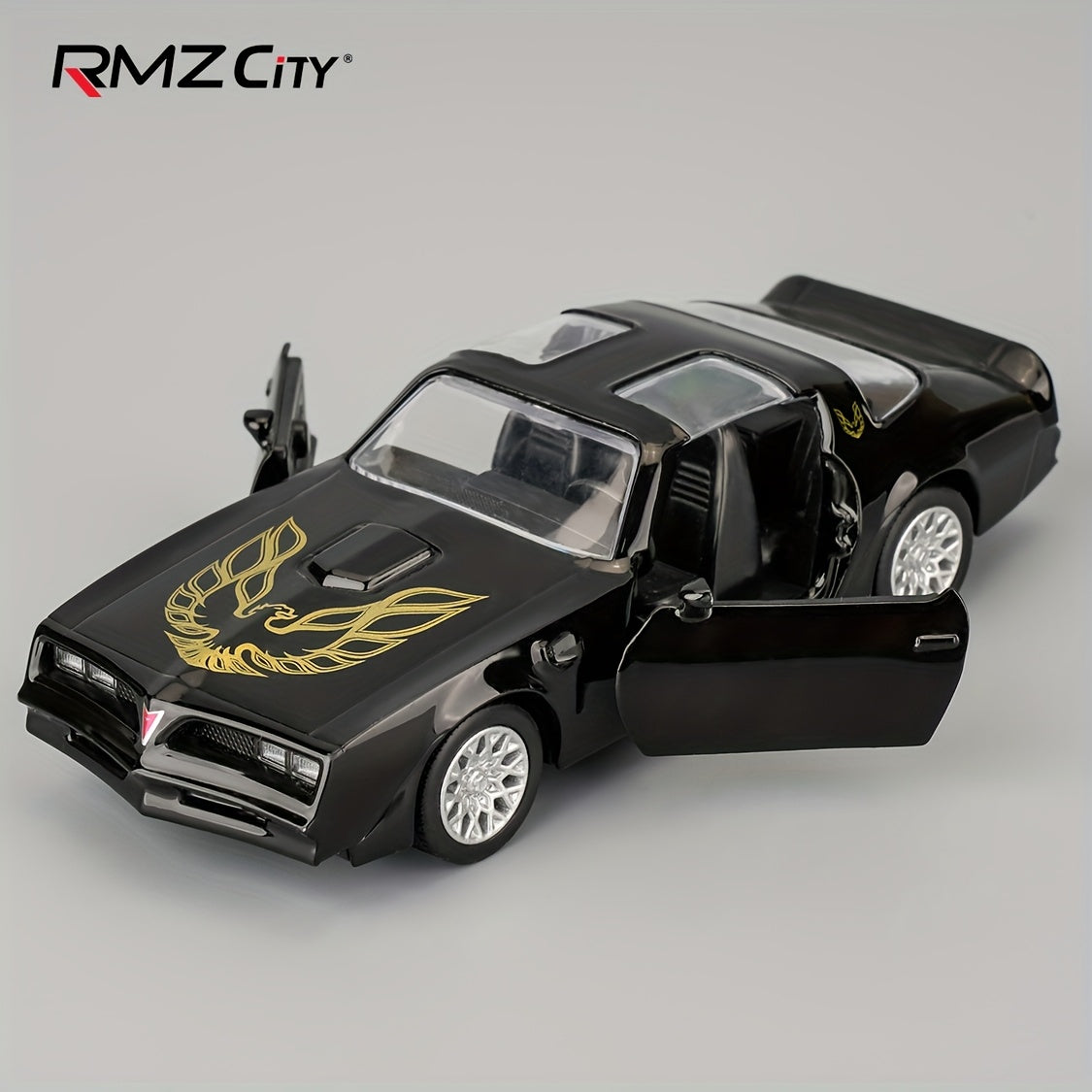RMZ 1:36 Scale Pontiac Firebird Die-Cast Toy Car with Openable Doors & Pull-Back Action, Zinc Alloy Car Model with Display Base
