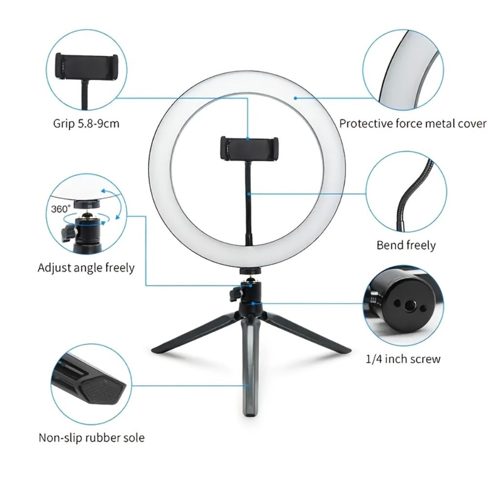 10- or 18-Inch Ring Light with Cable Power, Adjustable Brightness and Desktop or Floor Stand Options