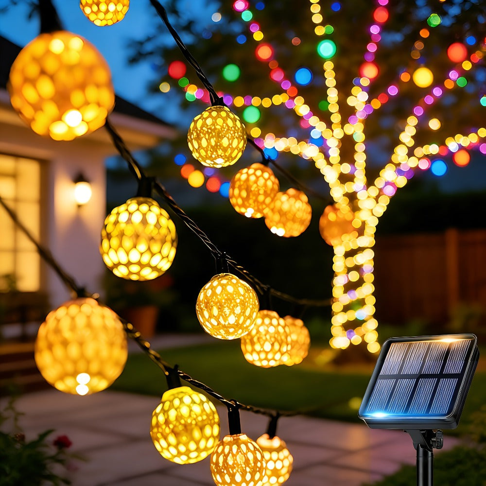 Moroccan Solar String Lights Outdoor – Metal Sphere Fairy Lights with 20/30/50 LED Beads, 8 Modes