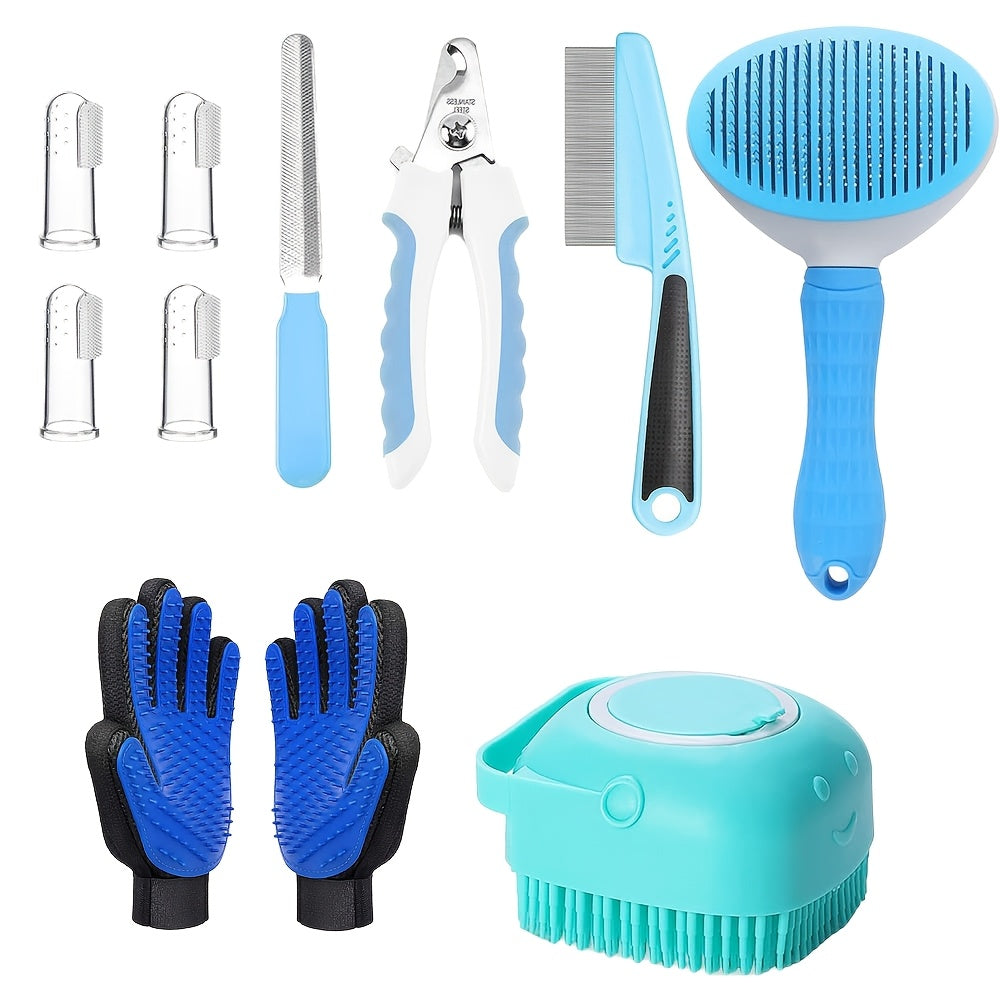 Pet Grooming Tool Set with Brushes, Combs, Nail Tools and Pink or Blue 9-Piece or 11-Piece Options