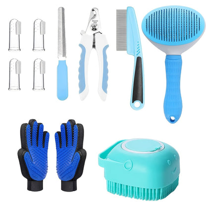 Pet Grooming Tool Set with Brushes, Combs, Nail Tools and Pink or Blue 9-Piece or 11-Piece Options