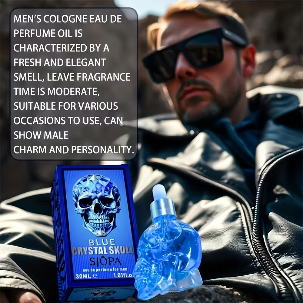 Alcohol-Free Perfume Oil for Men Blue Crystal Skull Bottle 30ml Woody Cologne Portable Travel Fragrance Unique Gift for Him