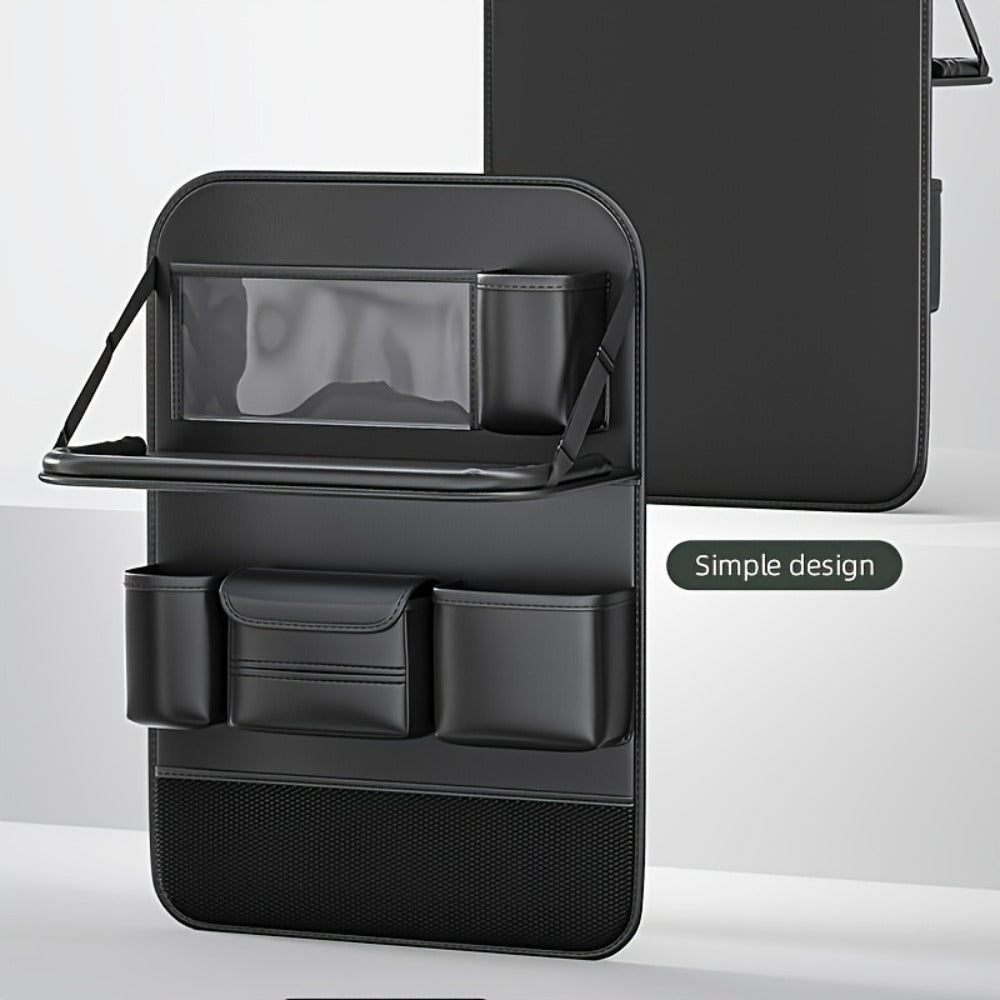 Seatback Car Organizer with Fold-Down Tray, Cup Recesses, Tissue Opening and One- or Two-Piece Packs