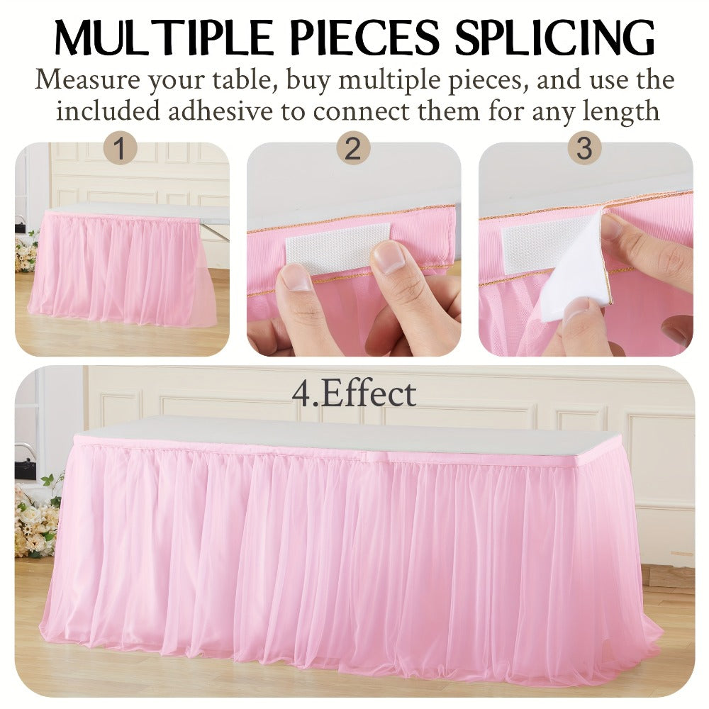 Six-Foot Gathered Tulle Table Skirt with Ten Solid or Multicolor Options for Parties and Events