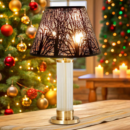 Metal Lampshade Etched Forest & Leaf Design | Black Exterior Gold Interior | Barrel Lamp Shade for Table Lamp & Floor Lamp |