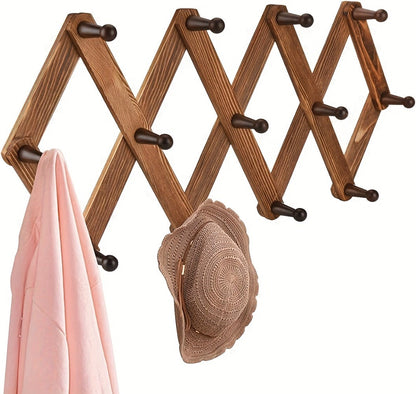 Wall Hat Rack Expandable Wood Accordion Hanger – 13 Hooks for Baseball Caps Coats Scarves Jewelry, Vintage Entryway Hallway Organizer