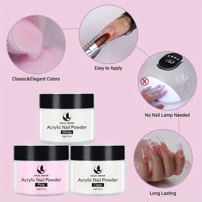 Acrylic Nail Kit with Clear Pink White Powders, Liquid Monomer, Four Brushes, Forms and Mixing Dish