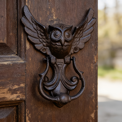 Owl Door Knocker Heavy Duty Cast Iron Winged Old Country Style Feather Detail Rustic Home Entryway Decoration Craft Gift