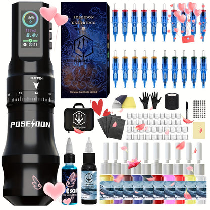 Tattoo Machine Kit POSEIDON TU33 Wireless Rotary Pen with LCD Color Screen, USB-C, 20 Cartridges and 11 Inks