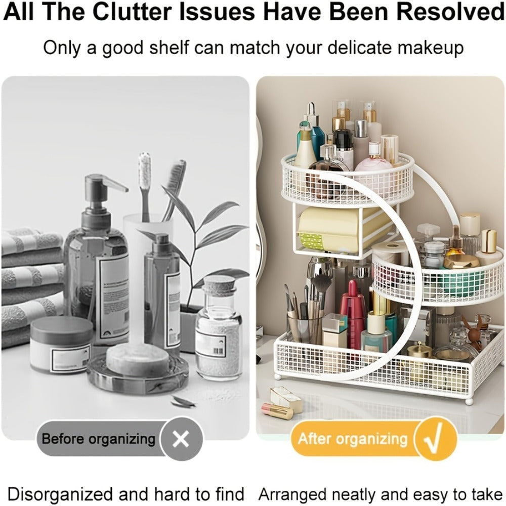 3-Tier Metal Cosmetic Organizer with Tissue Box Holder No-Installation Countertop Makeup Skincare Storage Rack for Bathroom Dresser Vanity