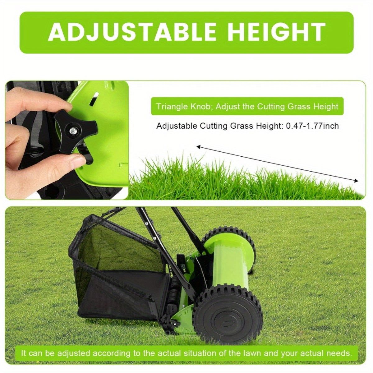 Manual Reel Lawn Mower 5-Blade Push Mower 11.8-Inch Cutting Width Adjustable Height 0.47"-1.77" for Garden, Patio and Yard Use