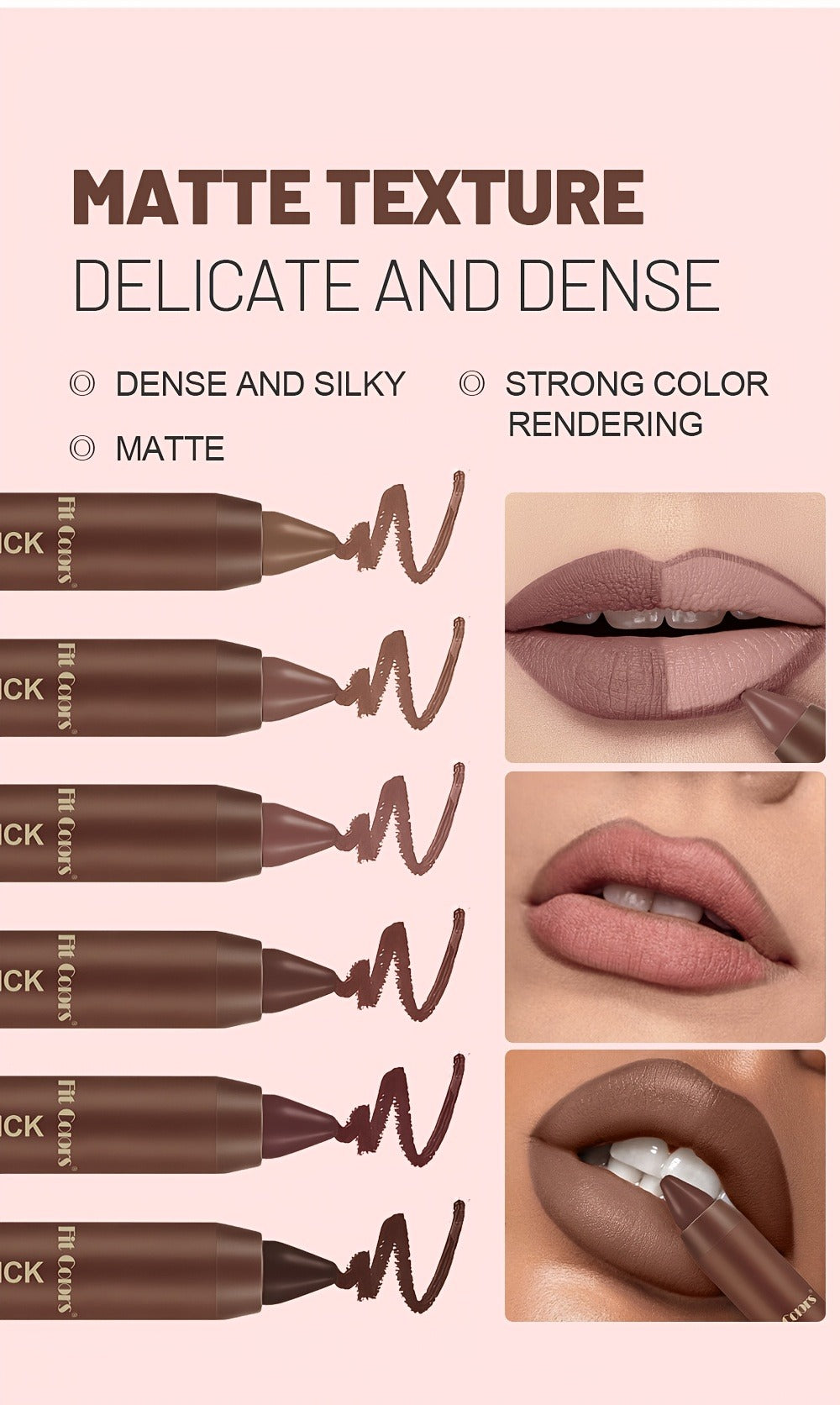 Lipstick Set, Fit Colors 6-Piece Matte Crayon Collection with Brown, Nude, Pink and Purple Colors