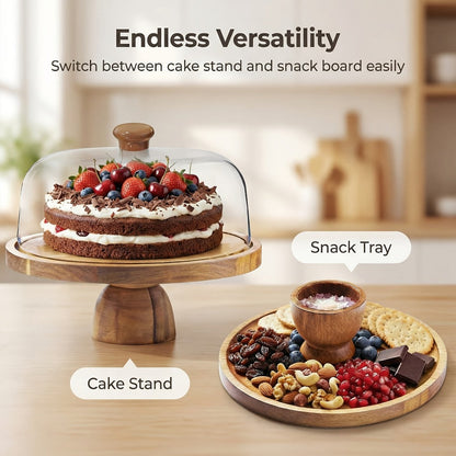 Acacia Wood Cake Stand with Clear Acrylic Dome, 11.8-Inch Round Reversible Serving Board and Pedestal Base
