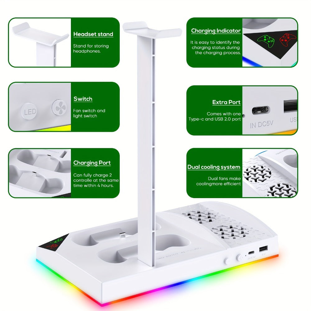 RGB Console Stand Compatible with Xbox Series S, Dual Controller Charging Bays and Two 1400mAh Battery Packs