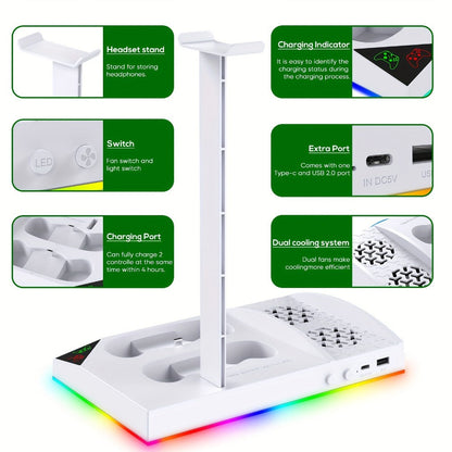 RGB Console Stand Compatible with Xbox Series S, Dual Controller Charging Bays and Two 1400mAh Battery Packs