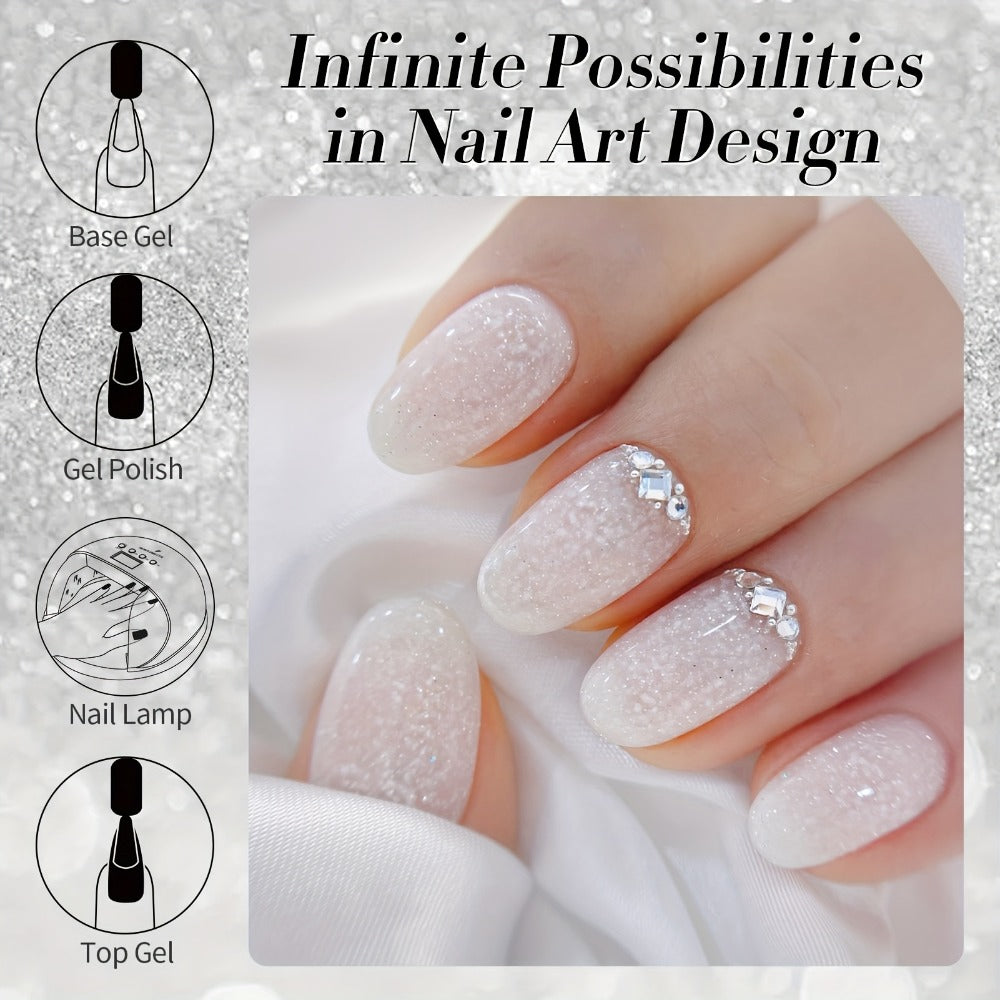 Gel Nail Polish BORN PRETTY 2-Piece Snow-Jelly Shimmer Set in Nude Pink and White Glitter with UV/LED Soak-Off Cure