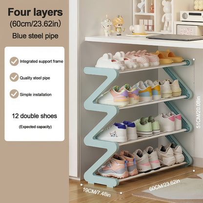Four-Tier Z-Frame Shoe Rack with Metal Tubes in Graphite Black, Dawn Pink, Gray or Breeze Blue