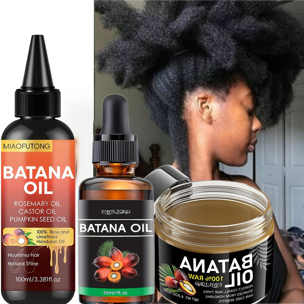 Three-Piece Batana Hair Care Kit with 3.38 oz Pointed Oil Bottle, Dropper and Cream Formats
