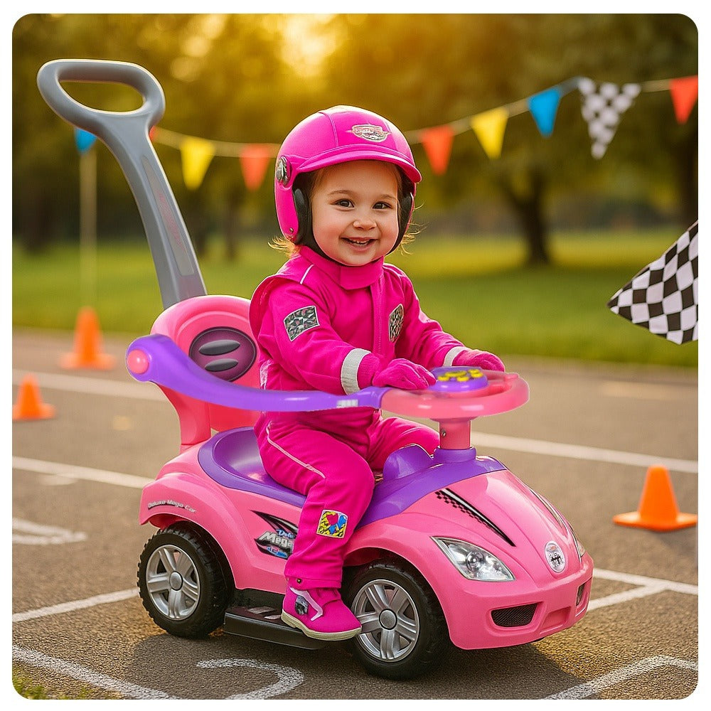3-in-1 Toddler Push Ride & Walker Car, Baby Ride-On Toy with Guardrail, Music & Under-Seat Storage for Ages 18-36 Months