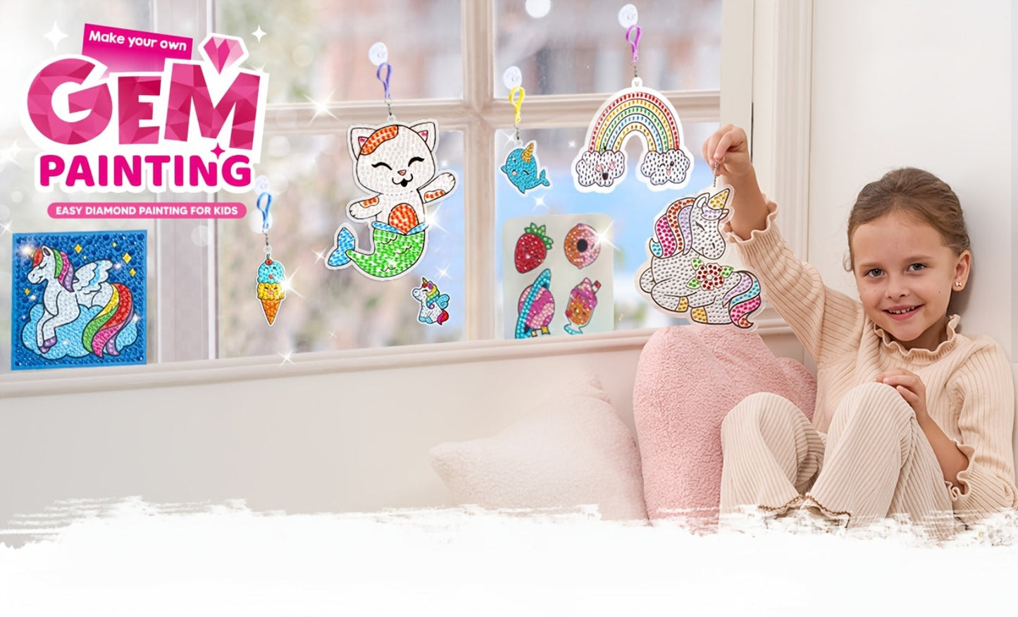 Diamond Gem Painting Kit for Girls Ages 6+ 16 Projects, 5D Gem Art Set with 2800+ Gems Unicorn Suncatchers Keychains Necklaces Stickers