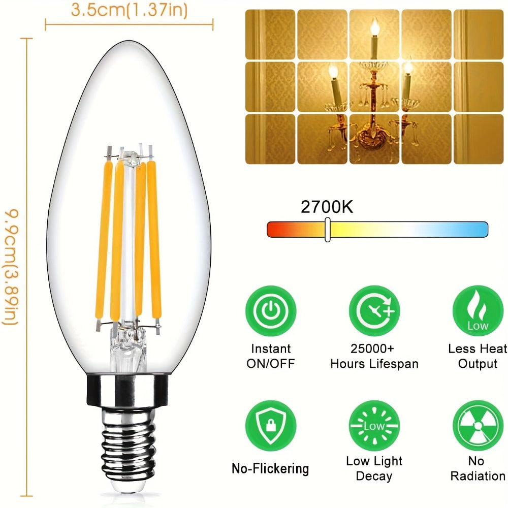 LED Candle Light Bulbs E12 Base B11 Dimmable 2700K White 500 Lumens Clear Glass Vintage for Home Cooking, Dining and Outdoor Meals
