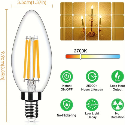 LED Candle Light Bulbs E12 Base B11 Dimmable 2700K White 500 Lumens Clear Glass Vintage for Home Cooking, Dining and Outdoor Meals