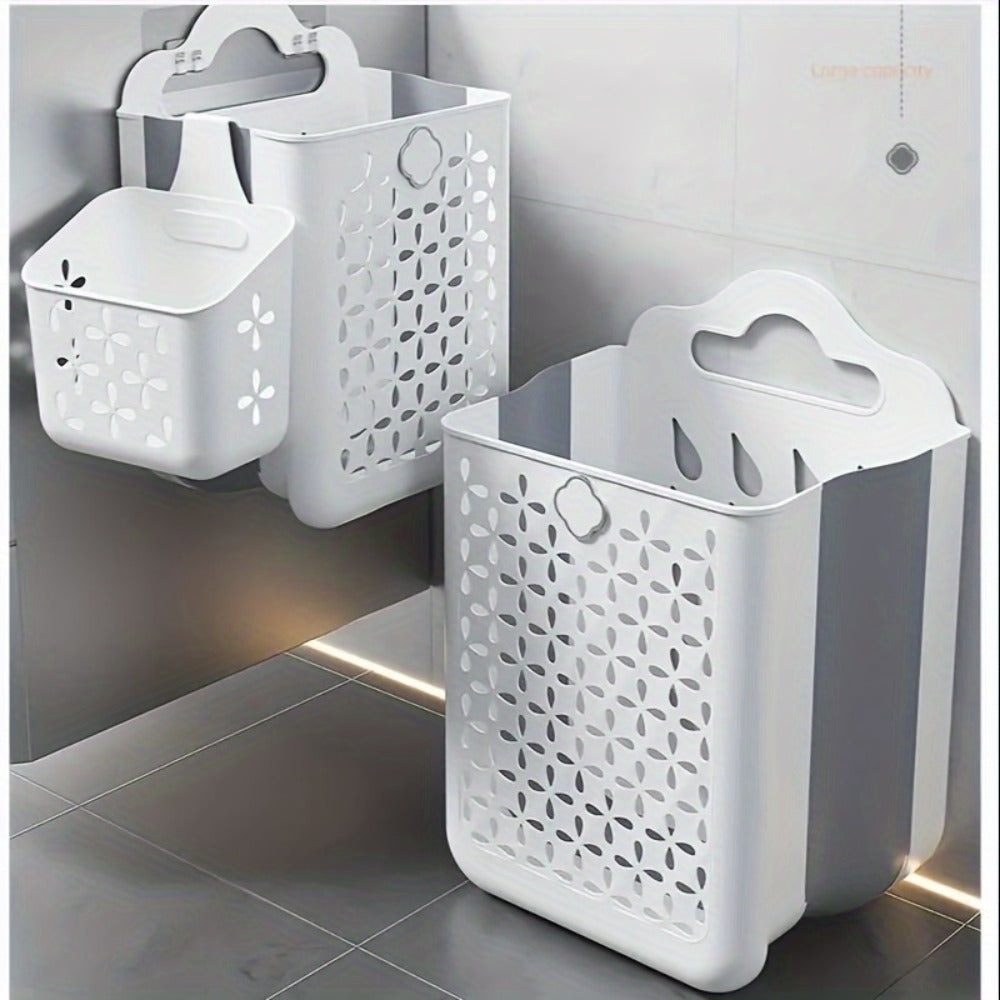 White Wall-Mounted Foldable Laundry Basket with Cutout Panels, Carry Handle and 39 cm Height