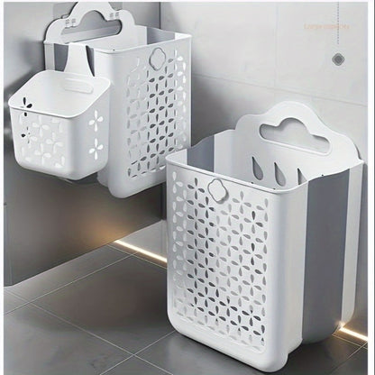 White Wall-Mounted Foldable Laundry Basket with Cutout Panels, Carry Handle and 39 cm Height