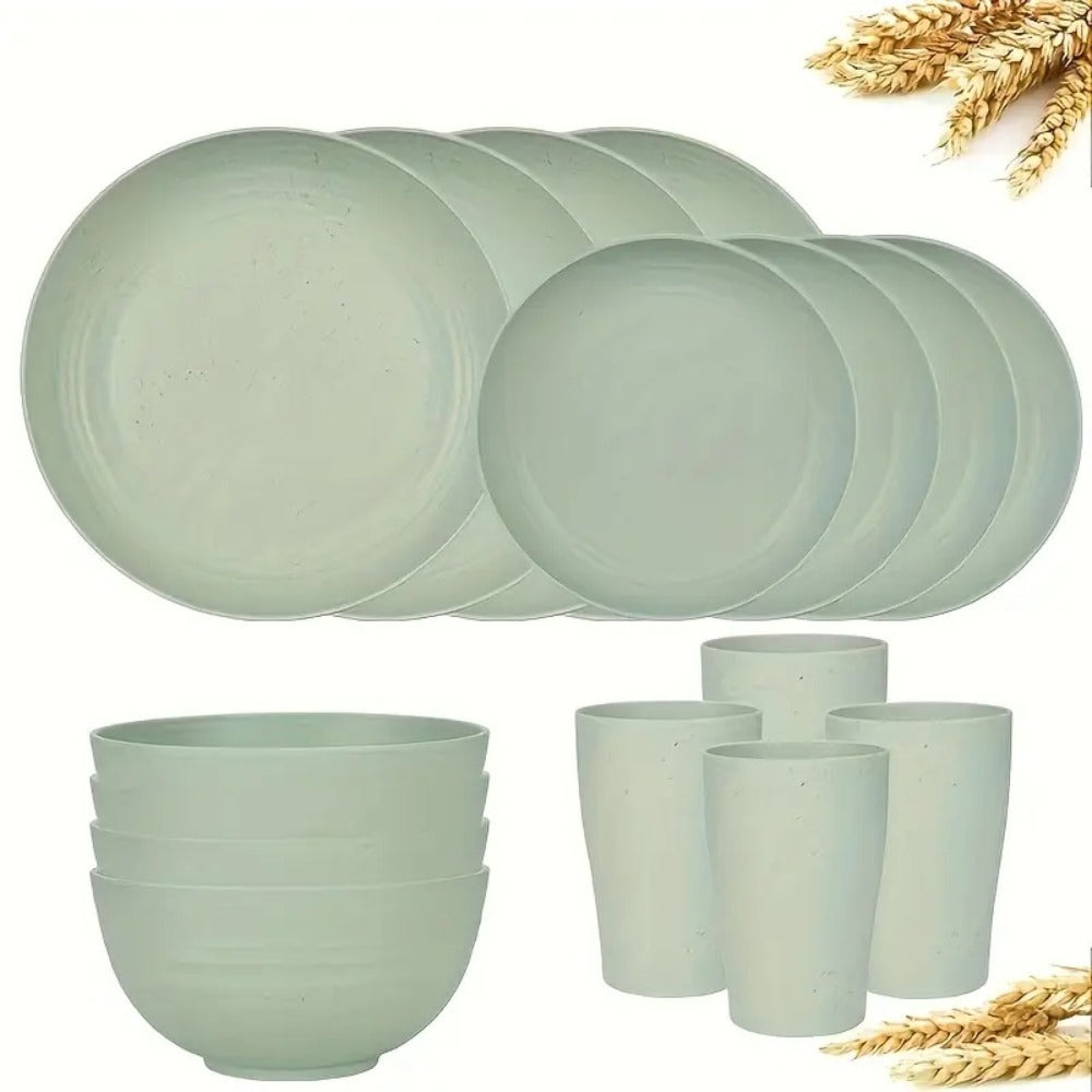 Wheat Straw Dinnerware Set 16 or 32 Piece – Plates & Bowls for 4 or 8 People, Microwave & Dishwasher Safe Plastic Dish Set