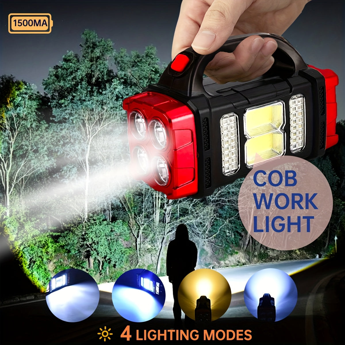 Solar Camping Lantern and Flashlight with COB Side Panels, Front Spotlights, Carry Handle and USB Port