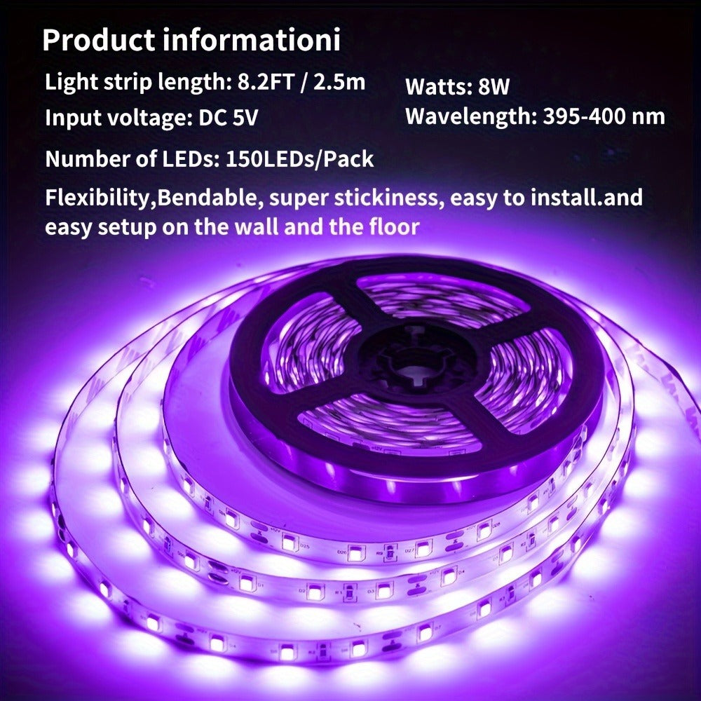 UV Black Light Bars & Strips 8-Piece Set, 385-400nm USB Powered 5V LED Blacklight for Glow Party