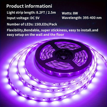 UV Black Light Bars & Strips 8-Piece Set, 385-400nm USB Powered 5V LED Blacklight for Glow Party