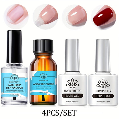 Gel Nail Prep Kit 4-Piece BORN PRETTY – Nail Dehydrator 15ml, Primer 15ml, Base Gel 10ml & Super Top Coat 10ml for Semi-Permanent