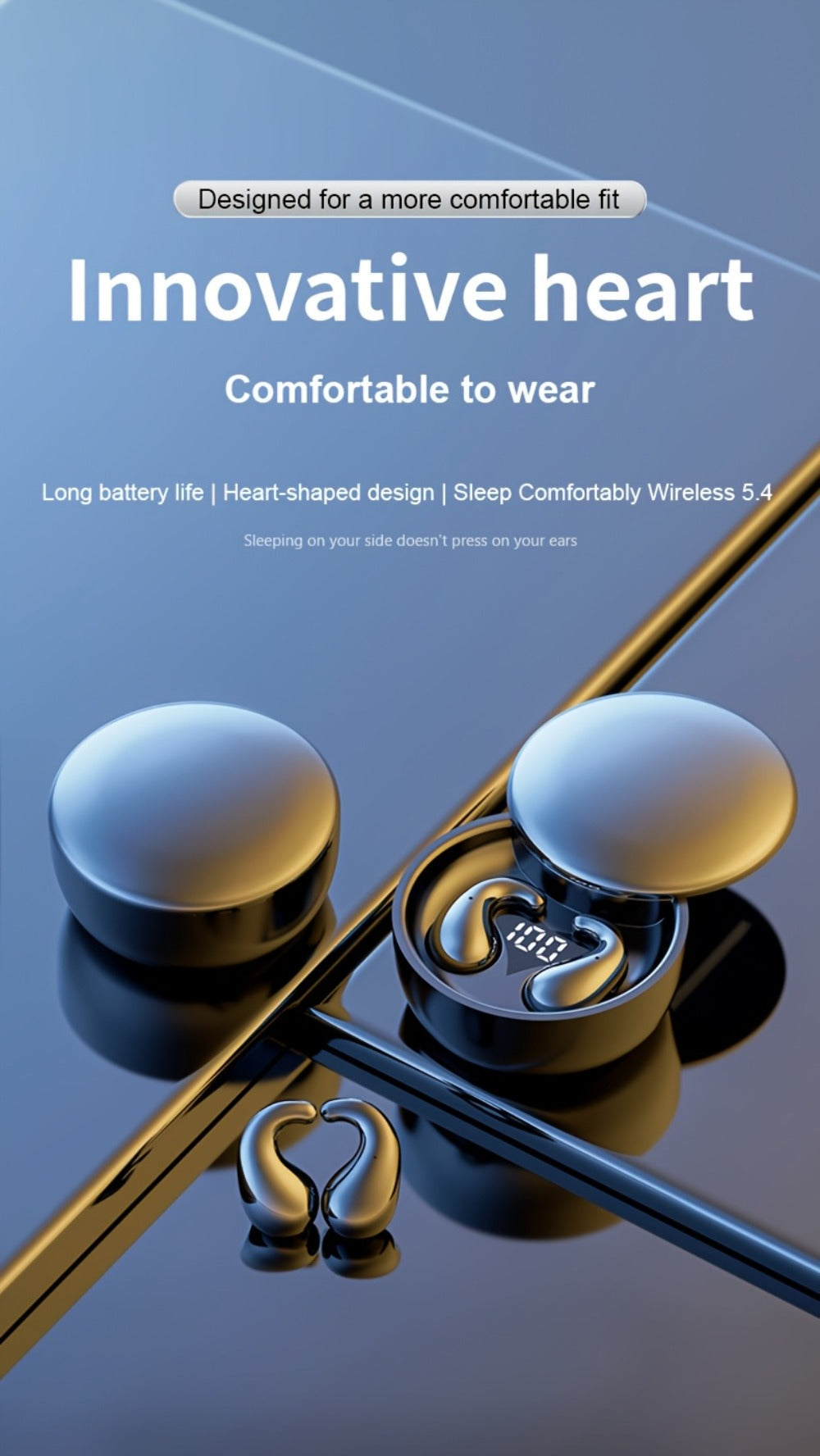 Heart-Shaped Bluetooth 5.4 Sleep Earbuds with Digital Charging Case in Black, White or Khaki