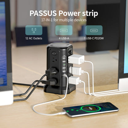 PD18W USB-C Power Strip Tower 21-in-1, 16 AC Outlets & 5 USB Ports, 1500J Surge Protector, Angled Flat Plug